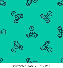 Blue line Time to travel icon isolated seamless pattern on green background.  Vector