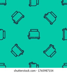 Blue line Toaster with toasts icon isolated seamless pattern on green background.  Vector