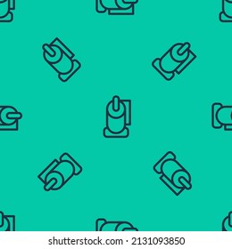 Blue line Toilet paper roll icon isolated seamless pattern on green background.  Vector