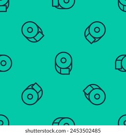 Blue line Toilet paper roll icon isolated seamless pattern on green background.  Vector Illustration