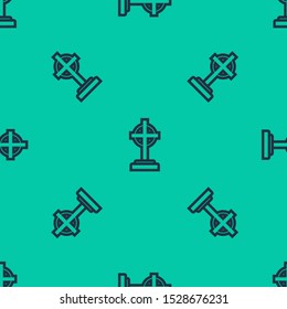 Blue line Tombstone with cross icon isolated seamless pattern on green background. Grave icon.  Vector Illustration