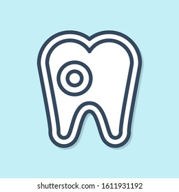 Blue line Tooth with caries icon isolated on blue background. Tooth decay.  Vector Illustration