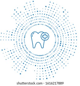 Blue line Tooth icon isolated on white background. Tooth symbol for dentistry clinic or dentist medical center and toothpaste package. Abstract circle random dots. Vector Illustration