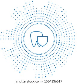Blue line Tooth with shield icon isolated on white background. Dental insurance. Security, safety, protection, protect concept. Abstract circle random dots. Vector Illustration