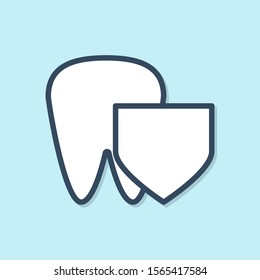 Blue line Tooth with shield icon isolated on blue background. Dental insurance. Security, safety, protection, protect concept.  Vector Illustration