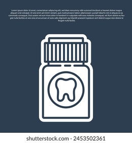 Blue line Toothache painkiller tablet icon isolated on blue background. Tooth care medicine. Capsule pill and drug. Pharmacy design.  Vector