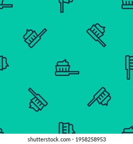 Blue line Toothbrush with toothpaste icon isolated seamless pattern on green background.  Vector Illustration