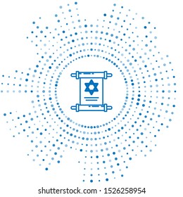 Blue line Torah scroll icon isolated on white background. Jewish Torah in expanded form. Star of David symbol. Old parchment scroll. Abstract circle random dots. Vector Illustration