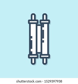 Blue line Torah scroll icon isolated on blue background. Jewish Torah in expanded form. Star of David symbol. Old parchment scroll.  Vector Illustration