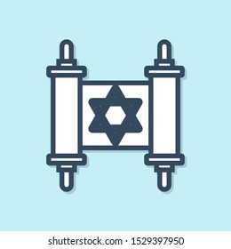 Blue line Torah scroll icon isolated on blue background. Jewish Torah in expanded form. Star of David symbol. Old parchment scroll.  Vector Illustration