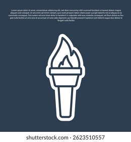 Línea azul Icono de llama de antorcha aislado sobre fondo azul. Símbolo de fuego caliente, poder de llama, llama y calor.  Vector