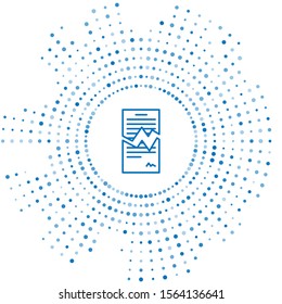 Blue line Torn contract icon isolated on white background. File icon. Checklist icon. Business concept. Abstract circle random dots. Vector Illustration