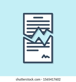 Blue line Torn contract icon isolated on blue background. File icon. Checklist icon. Business concept.  Vector Illustration