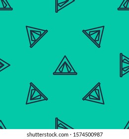Blue line Tourist tent icon isolated seamless pattern on green background. Camping symbol.  Vector Illustration