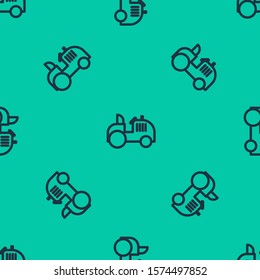 Blue line Tractor icon isolated seamless pattern on green background.  Vector Illustration