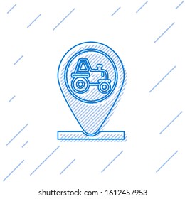 Blue line Tractor and location icon isolated on white background.  Vector Illustration