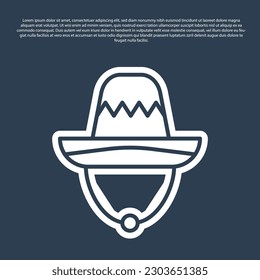 Blue line Traditional mexican sombrero hat icon isolated on blue background.  Vector