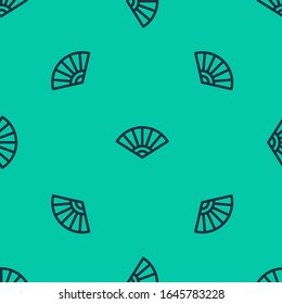 Blue line Traditional paper chinese or japanese folding fan icon isolated seamless pattern on green background.  Vector Illustration