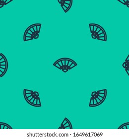 Blue line Traditional paper chinese or japanese folding fan icon isolated seamless pattern on green background.  Vector Illustration