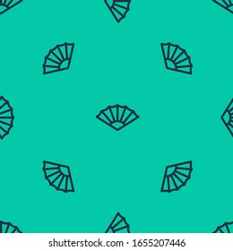 Blue line Traditional paper chinese or japanese folding fan icon isolated seamless pattern on green background.  Vector Illustration