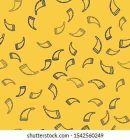 Blue line Traditional ram horn, shofar icon isolated seamless pattern on yellow background. Rosh hashanah, jewish New Year holiday traditional symbol.  Vector Illustration