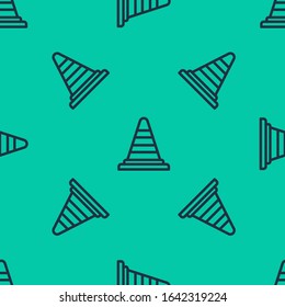 Blue line Traffic cone icon isolated seamless pattern on green background.  Vector Illustration