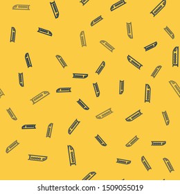 Blue line Train icon isolated seamless pattern on yellow background. Public transportation symbol. Subway train transport. Metro underground.  Vector Illustration