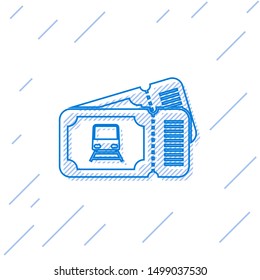 Blue line Train ticket icon isolated on white background. Travel by railway.  Vector Illustration