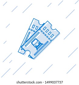 Blue line Train ticket icon isolated on white background. Travel by railway.  Vector Illustration