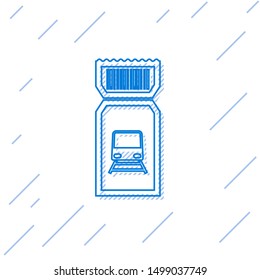 Blue line Train ticket icon isolated on white background. Travel by railway.  Vector Illustration