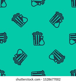 Blue line Trash can and garbage bag icon isolated seamless pattern on green background. Garbage bin sign. Recycle basket icon. Office trash icon.  Vector Illustration