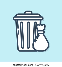 Blue line Trash can and garbage bag icon isolated on blue background. Garbage bin sign. Recycle basket icon. Office trash icon.  Vector Illustration