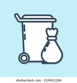 Blue line Trash can icon isolated on blue background. Garbage bin sign. Recycle basket icon. Office trash icon.  Vector Illustration