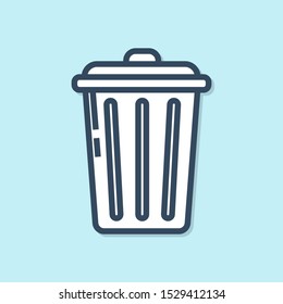 Blue line Trash can icon isolated on blue background. Garbage bin sign. Recycle basket icon. Office trash icon.  Vector Illustration