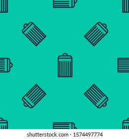 Blue line Trash can icon isolated seamless pattern on green background. Garbage bin sign. Recycle basket icon. Office trash icon.  Vector Illustration