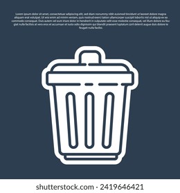 Blue line Trash can icon isolated on blue background. Garbage bin sign. Recycle basket icon. Office trash icon.  Vector Illustration