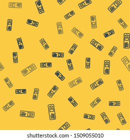 Blue line Travel ticket icon isolated seamless pattern on yellow background. Train, ship, plane, tram, bus transport. Travel service concept.  Vector Illustration