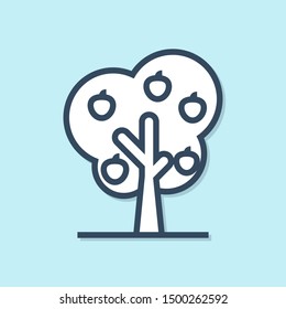 Blue line Tree with apple icon isolated on blue background. Agricultural plant. Organic farm product. Gardening theme.  Vector Illustration