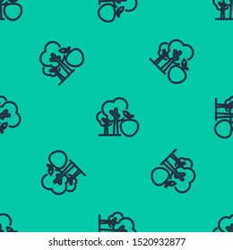 Blue line Tree with apple icon isolated seamless pattern on green background. Agricultural plant. Organic farm product. Gardening theme.  Vector Illustration