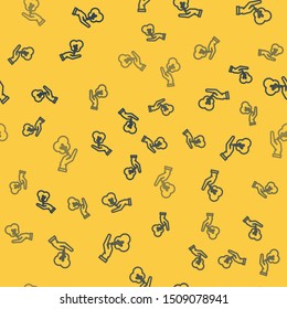 Blue line Tree in hand of environmental protection icon isolated seamless pattern on yellow background. Seed and seedling. Planting sapling. Ecology concept.  Vector Illustration
