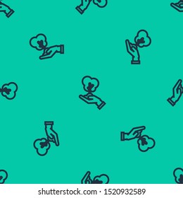Blue line Tree in hand of environmental protection icon isolated seamless pattern on green background. Seed and seedling. Planting sapling. Ecology concept.  Vector Illustration