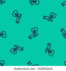 Blue line Tree in hand of environmental protection icon isolated seamless pattern on green background. Seed and seedling. Planting sapling. Ecology concept.  Vector Illustration