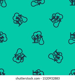 Blue line Tree with pears icon isolated seamless pattern on green background. Agricultural plant. Organic farm product. Gardening theme.  Vector Illustration