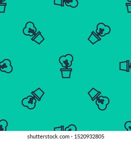 Blue line Tree in pot icon isolated seamless pattern on green background. Houseplant in pots. Natural decor for home and interior. Potted plant sign.  Vector Illustration