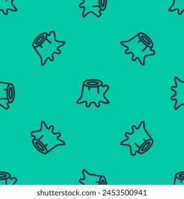 Blue line Tree stump icon isolated seamless pattern on green background.  Vector