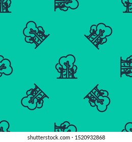 Blue line Trees icon isolated seamless pattern on green background. Forest symbol.  Vector Illustration