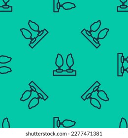Blue line Trees icon isolated seamless pattern on green background. Forest symbol.  Vector