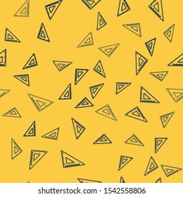 Blue line Triangular ruler icon isolated seamless pattern on yellow background. Straightedge symbol. Geometric symbol.  Vector Illustration