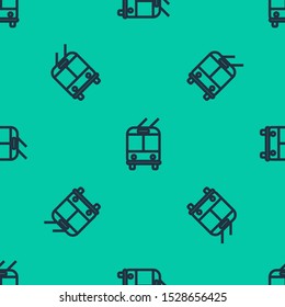 Blue line Trolleybus icon isolated seamless pattern on green background. Public transportation symbol.  Vector Illustration