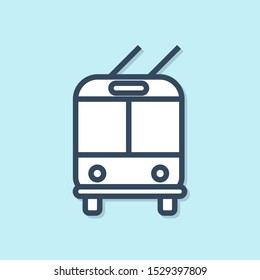 Blue line Trolleybus icon isolated on blue background. Public transportation symbol.  Vector Illustration